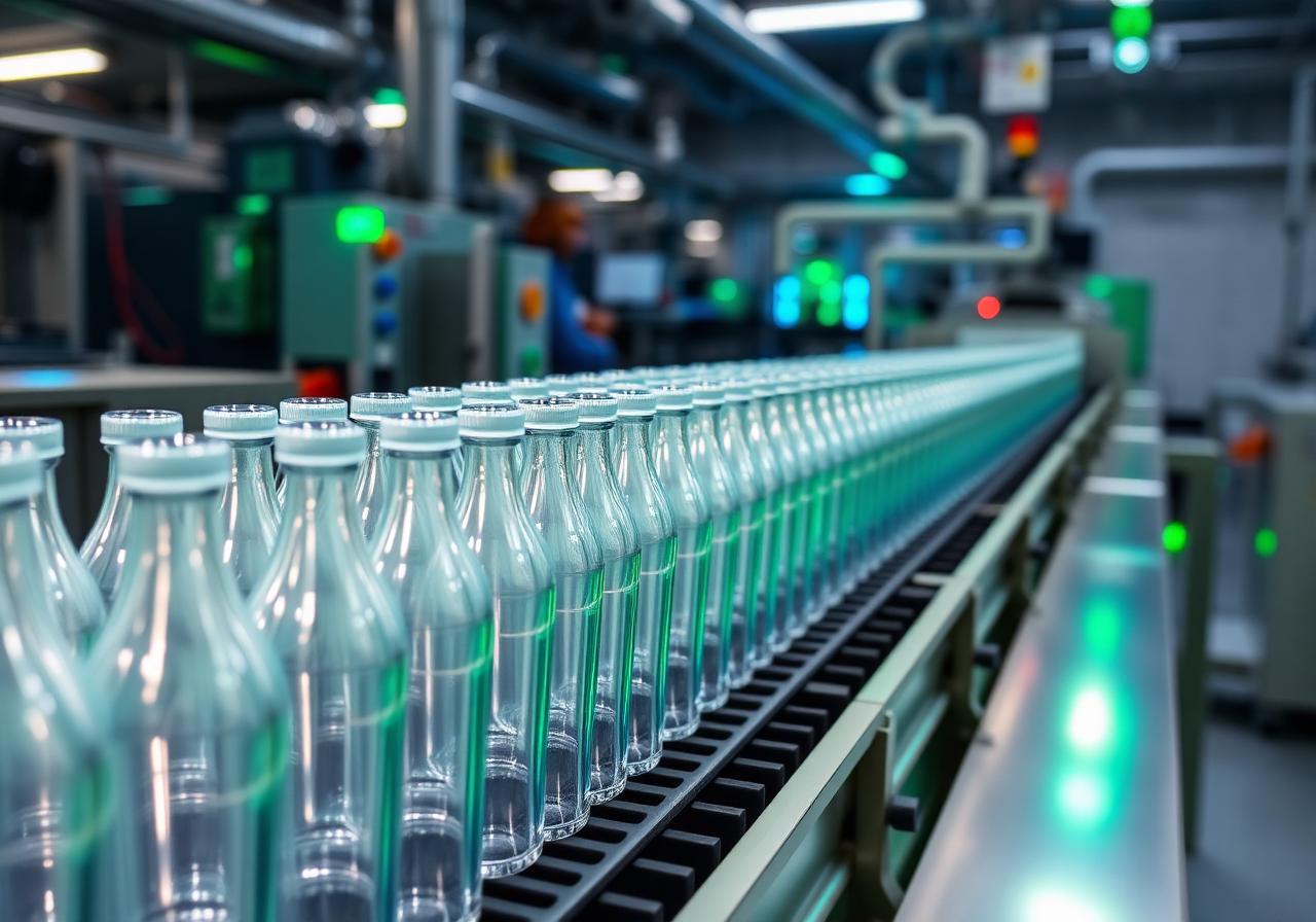 PET preforms and bottles on a production line